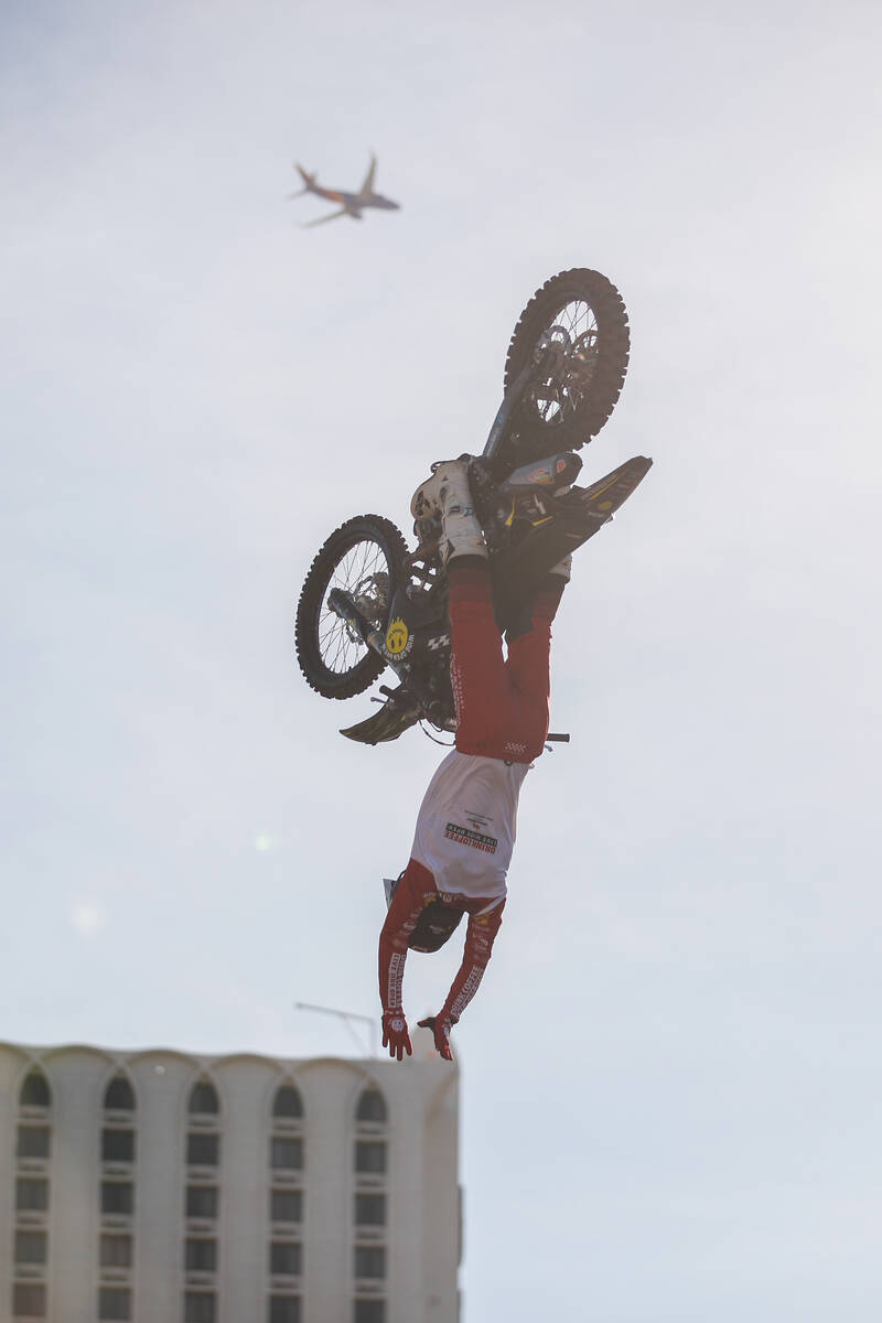 James Carter competes in a Nitro Circus freestyle motocross event at the 2023 SEMA Fest on Frid ...