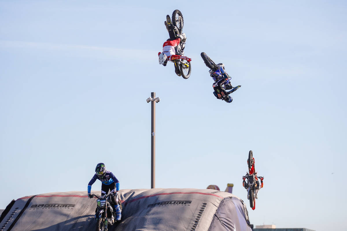 Keith Sayers, from left, James Carter, Jarryd Mcniel, and Javier Villegas compete in a Nitro Ci ...