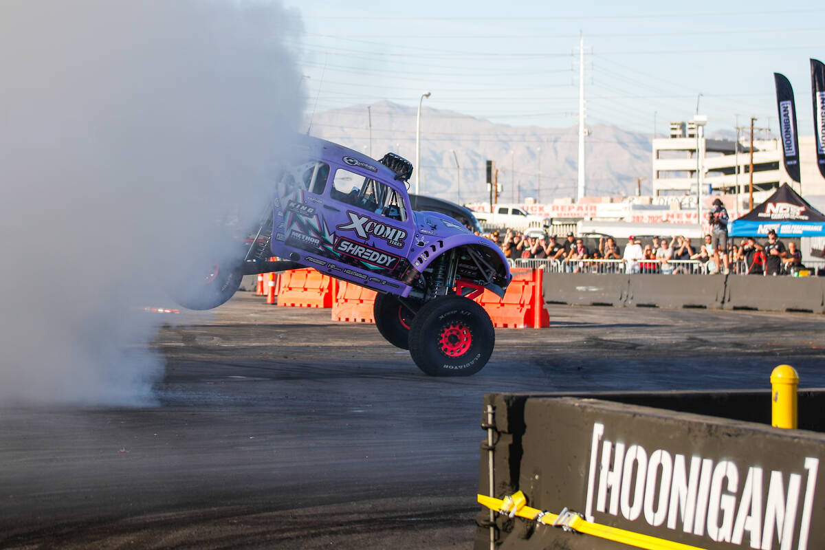 Blake Wilkey catches some air during a Hoonigan drifting competition at the 2023 SEMA Fest on F ...