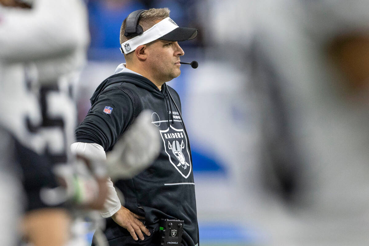 Raiders head coach Josh McDaniels looks on as the clock ticks down in the fourth quarter of the ...