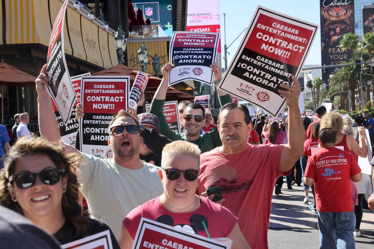 Members of Culinary Local 226 picket in front of Paris Las Vegas on the Strip Thursday, Oct. 12 ...
