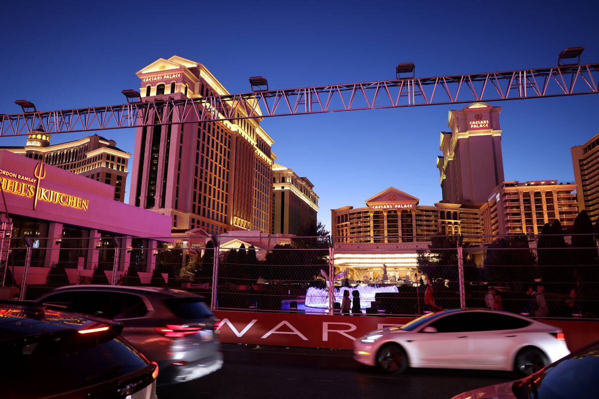 Caesars Palace and temporary structures for the upcoming Formula One Las Vegas Grand Prix are s ...