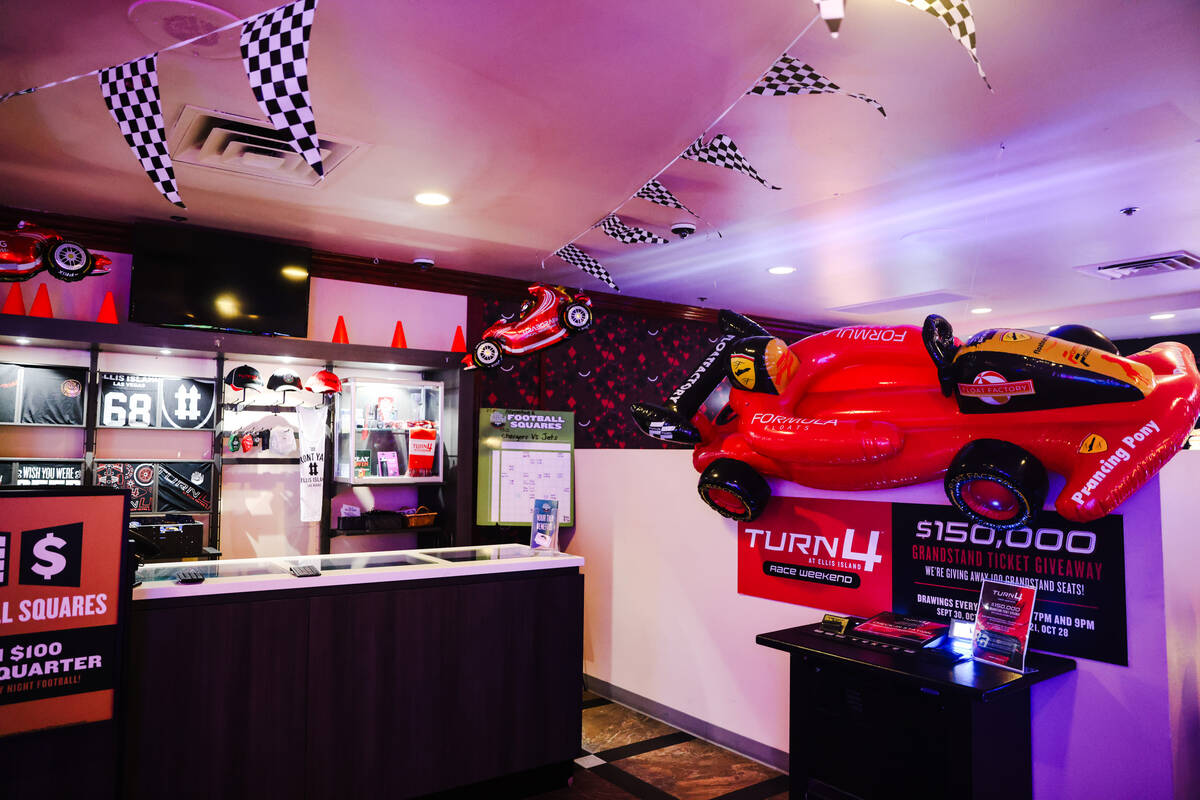 A promotion booth for the Las Vegas Formula One Grand Prix at Ellis Island Casino and Brewery i ...