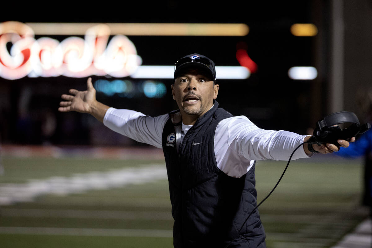 Bishop Gorman head coach Brent Browner shouts at a referee during the first half of a Class 5A ...