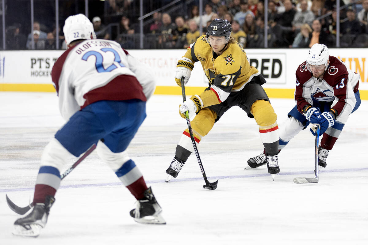 Golden Knights center William Karlsson (71) skates with the puck against Avalanche center Fredr ...