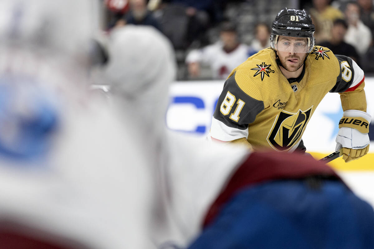 Golden Knights right wing Jonathan Marchessault (81) eyes the puck during a face-off with the A ...