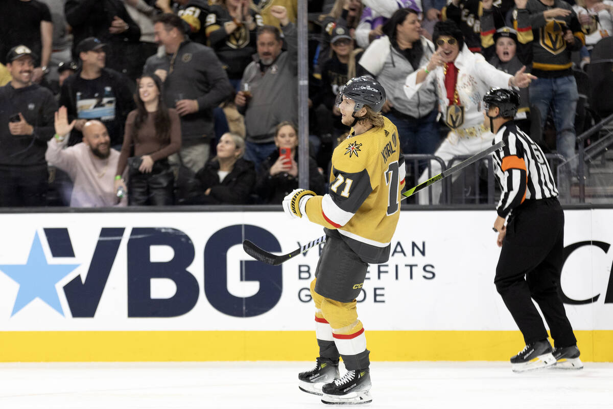 Golden Knights center William Karlsson (71) celebrates after scoring during the third period of ...