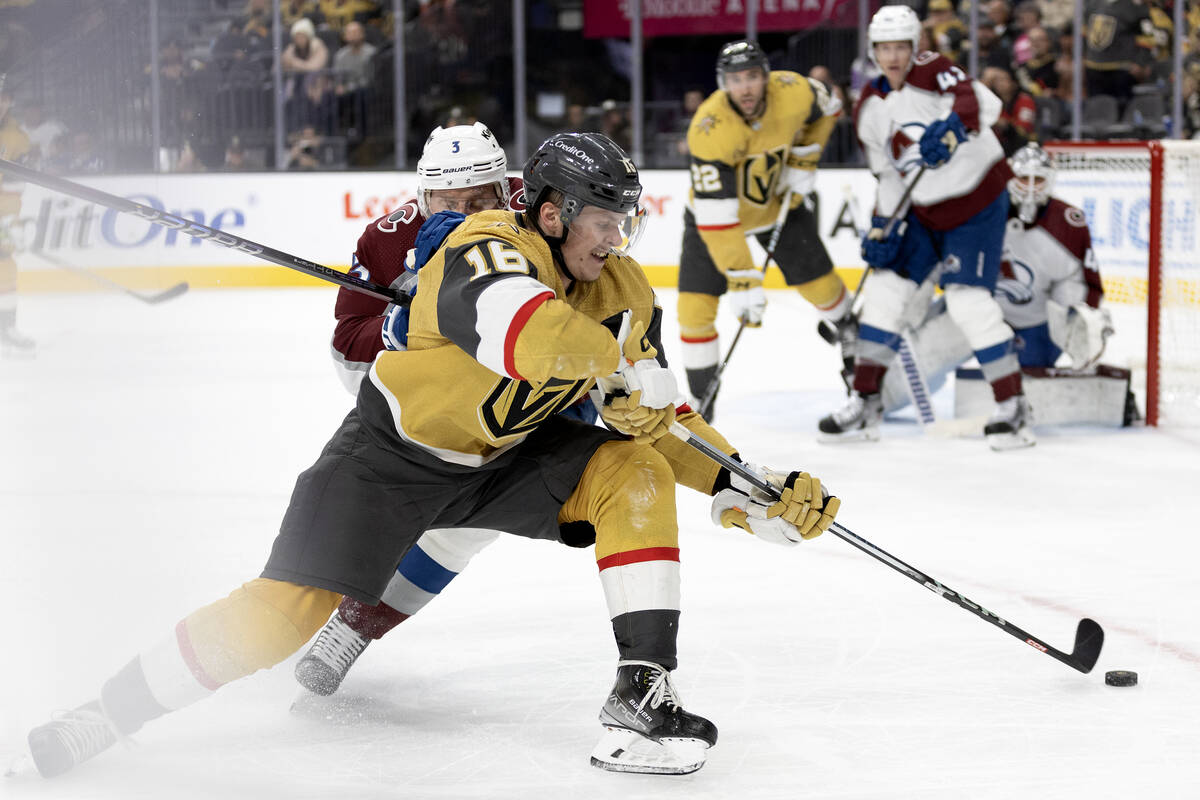Golden Knights left wing Pavel Dorofeyev (16) passes backwards for an assist while Avalanche de ...