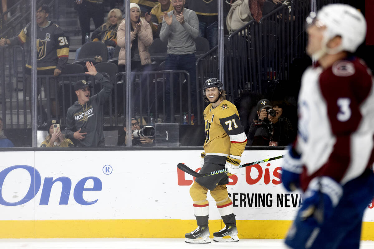 Golden Knights center William Karlsson (71) celebrates his goal over the Avalanche during the t ...