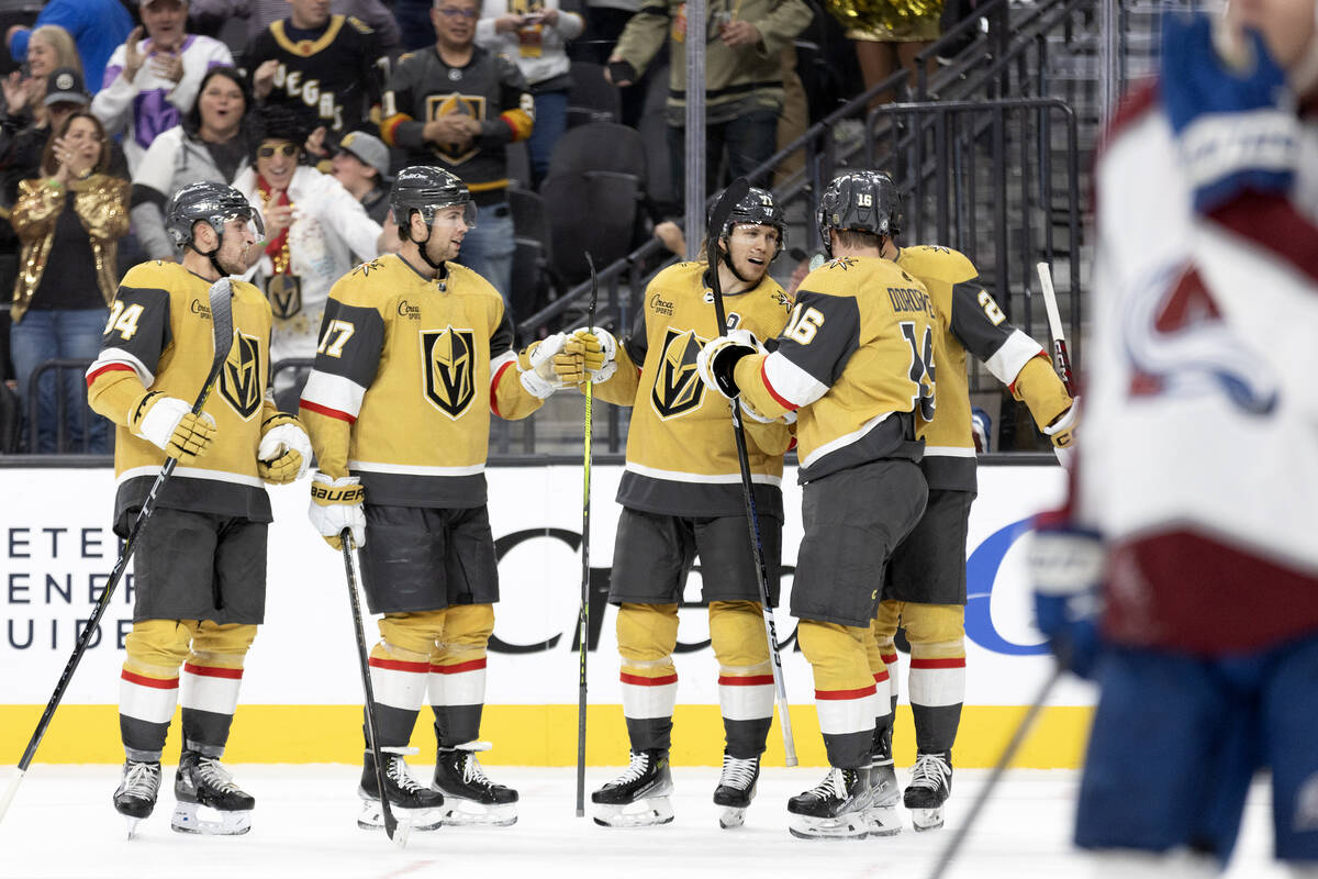 The Golden Knights celebrate center William Karlsson’s goal during the third period of a ...