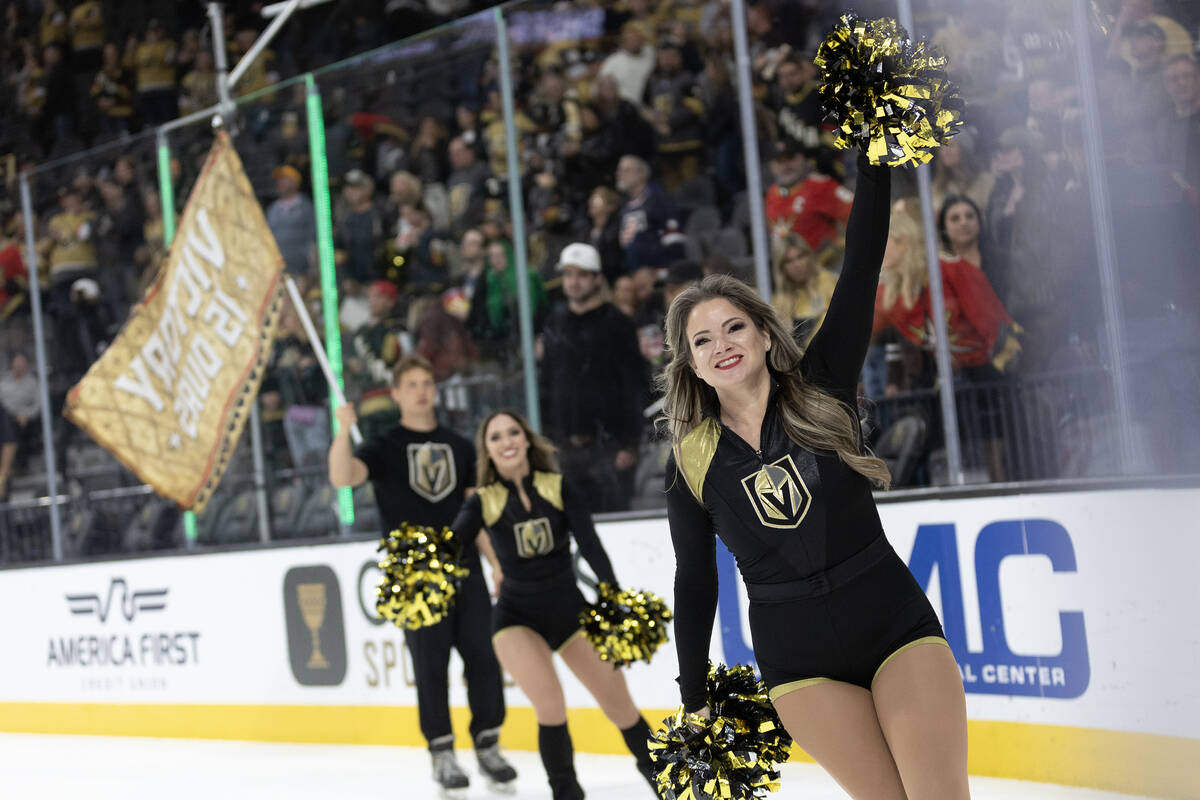 The Knights Guard celebrates the Golden Knights win in an NHL hockey game against the Avalanche ...