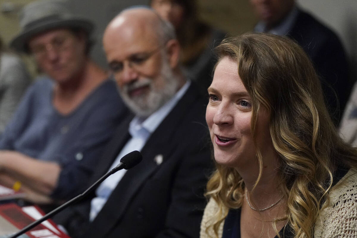 Shani Segal speaks during a news conference inside the state capitol, Monday, Oct. 30, 2023, in ...