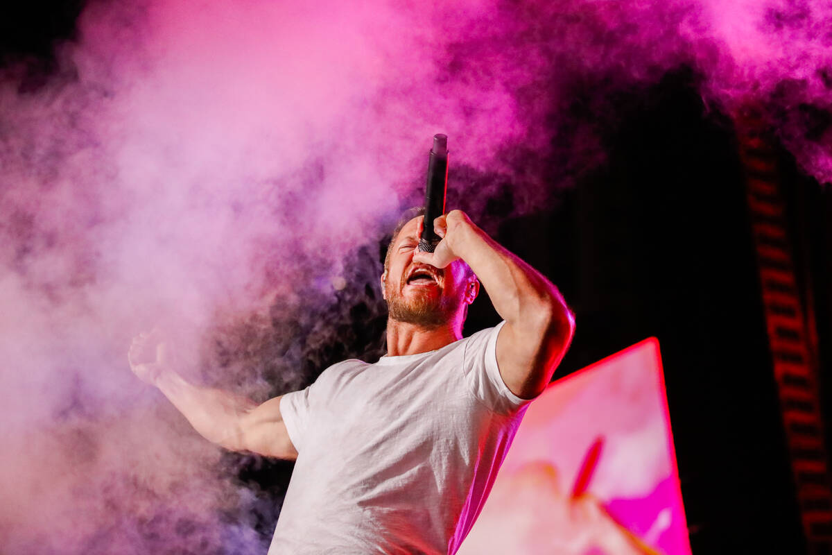 Dan Reynolds, lead singer of Imagine Dragons, performs at the 2023 SEMA Fest on Saturday, Nov. ...