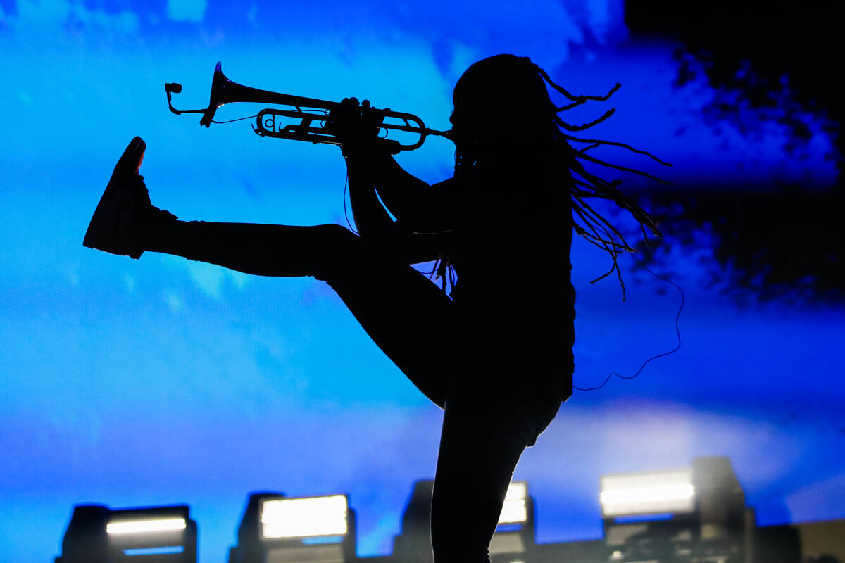 Arnetta Johnson, trumpeter for AJR, performs during an AJR set at the 2023 SEMA Fest on Saturda ...