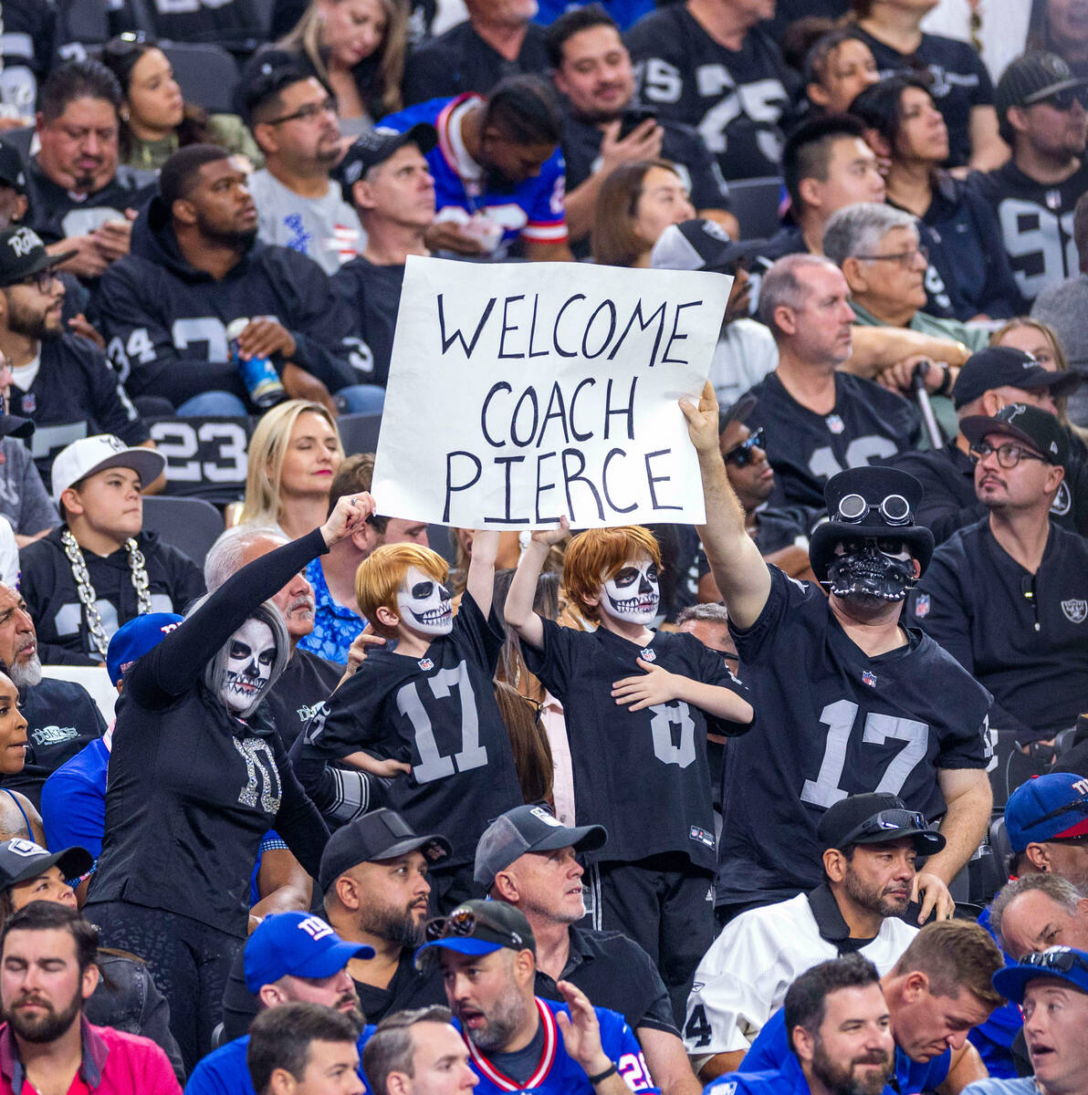 Raiders fans welcome new interim Head Coach Antonio Pierce during the second half of their NFL ...