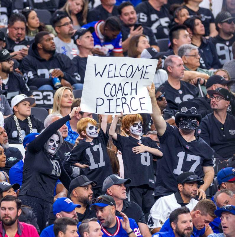 Raiders fans welcome new interim Head Coach Antonio Pierce during the second half of their NFL ...