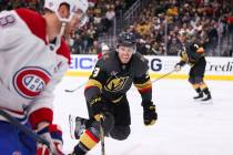 Golden Knights defenseman Brayden McNabb (3) skates to the puck during an NHL game against the ...