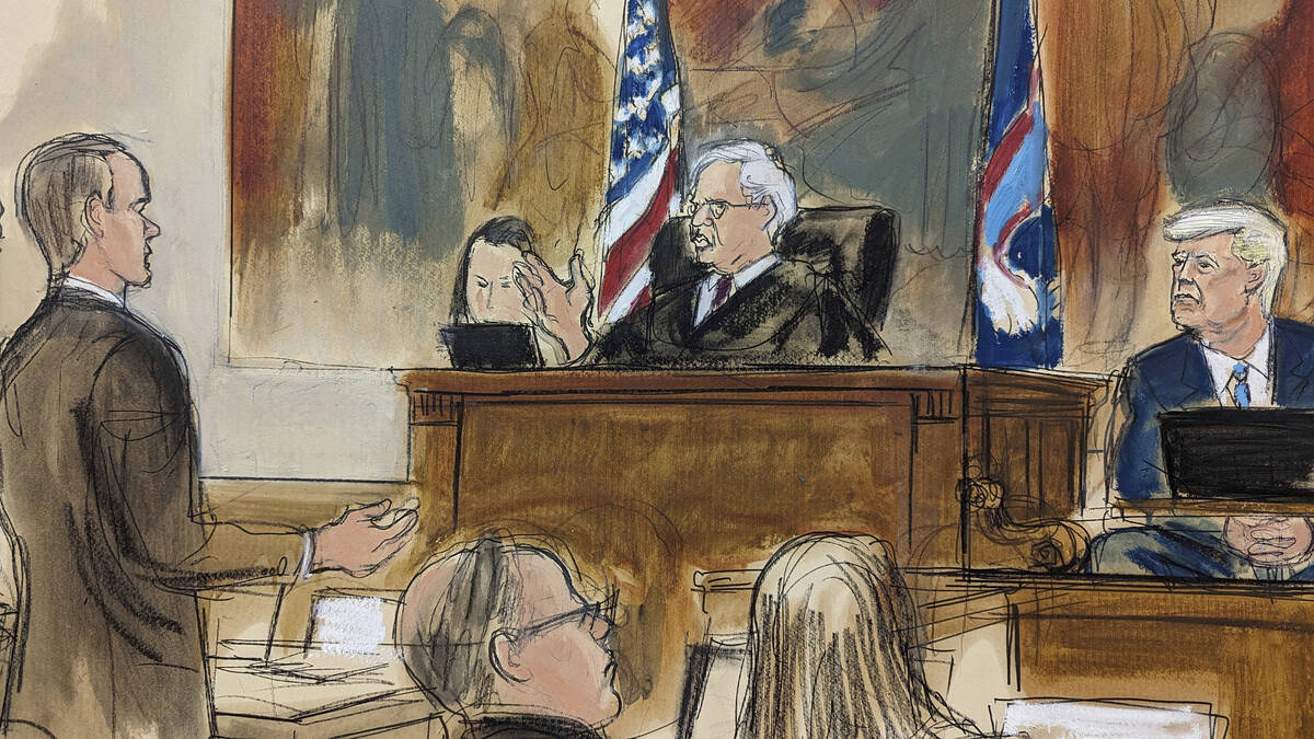 In this courtroom sketch, Judge Arthur Engoron, center, speaks to former President Donald Trump ...