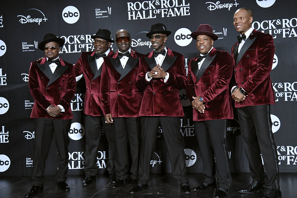 Ricky Bell, from left, Bobby Brown, Johnny Gill, Ralph Tresvant, Michael Bivins, and Ronnie DeV ...