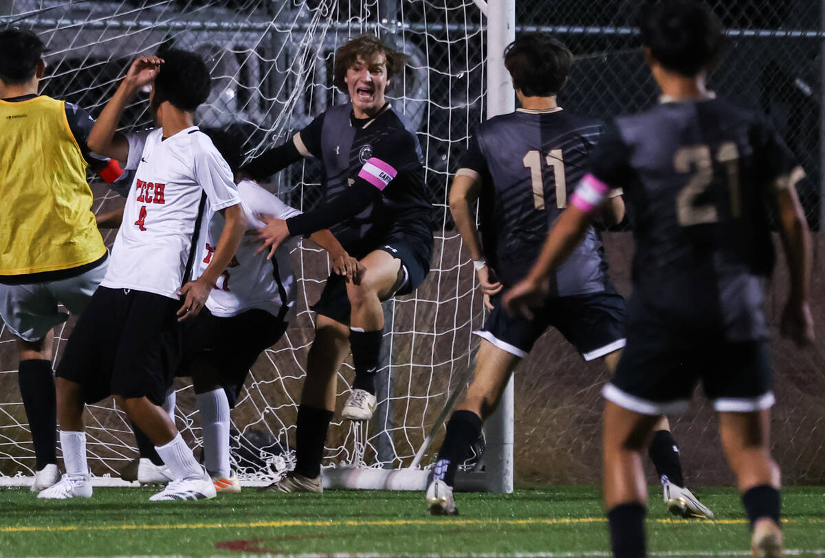Faith Lutheran players celebrate a goal during the 4A boys soccer state quarterfinal game betwe ...