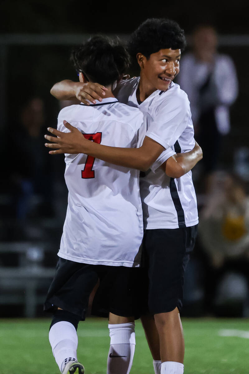 Southeast Career Technical Academy players celebrate a goal during the 4A boys soccer state qua ...