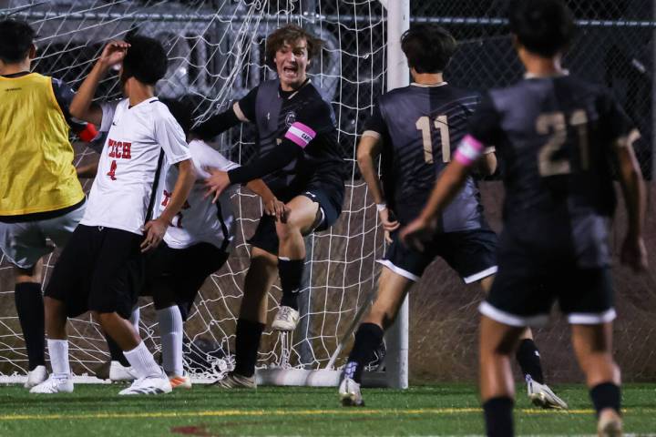 Faith Lutheran players celebrate a goal during the 4A boys soccer state quarterfinal game betwe ...