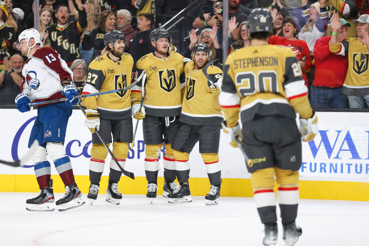 Colorado Avalanche right wing Valeri Nichushkin (13) looks on while Vegas Golden Knights defens ...