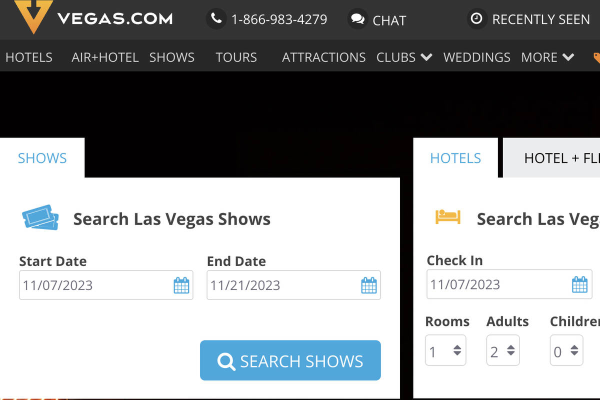 A screenshot from the Vegas.com home page taken Tuesday, Nov. 7, 2023. (Las Vegas Review-Journal)