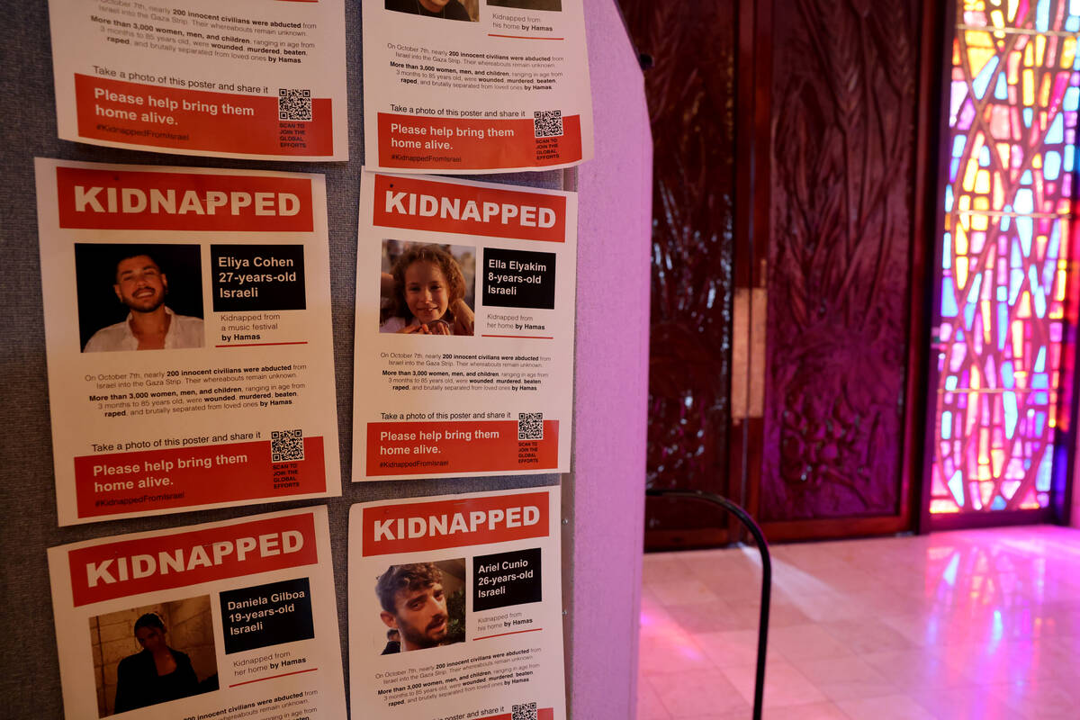 Posters dedicated to people kidnapped during the Oct. 7 Hamas attack on Israel are on display a ...