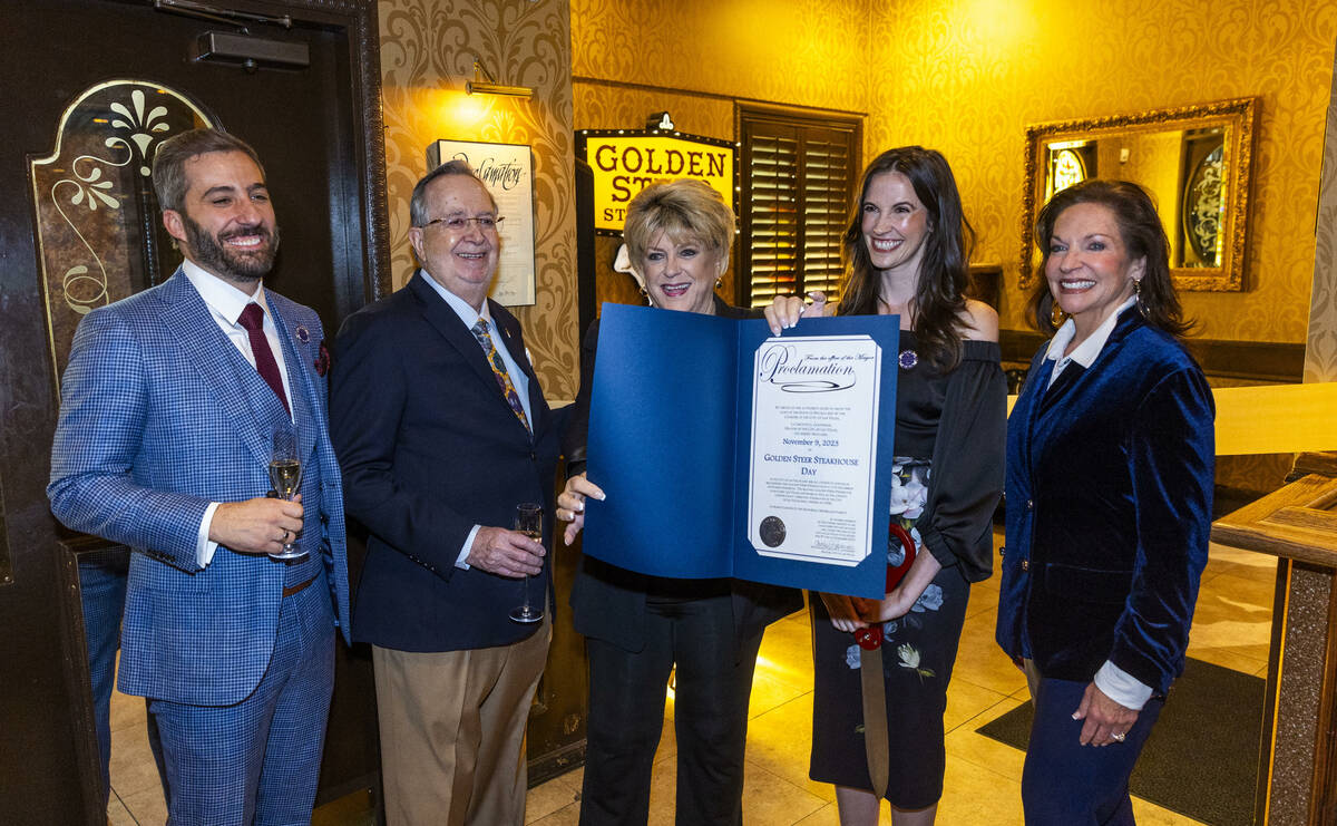 Las Vegas Mayor Carolyn Goodman presents a proclamation naming today the "Golden Steer Steakhou ...