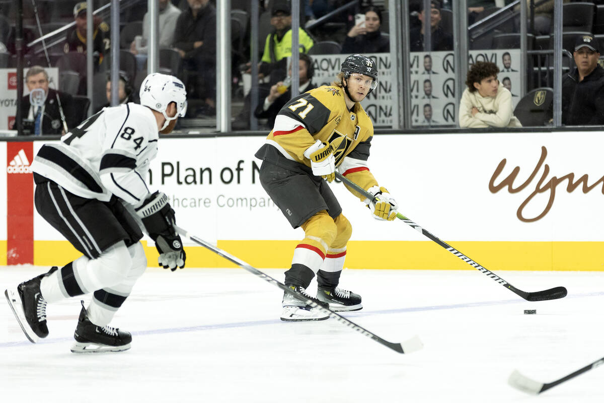 Golden Knights center William Karlsson (71) looks to pass while skating against Kings defensema ...