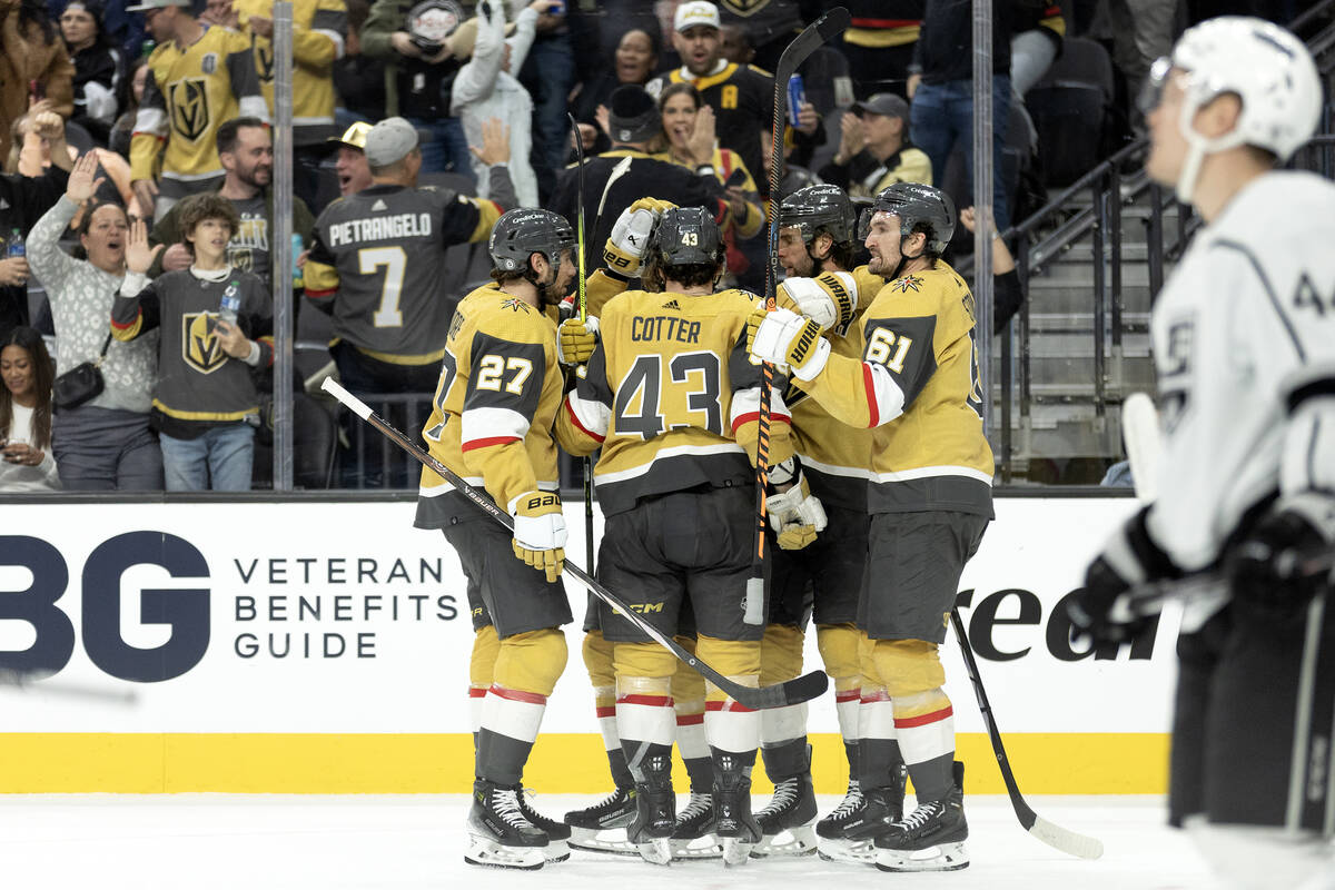 The Golden Knights celebrate center William Karlsson’s goal during the third period of a ...