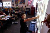 Ortwein Elementary fifth grader Deven Doutis presents his monthly independence project, a homem ...