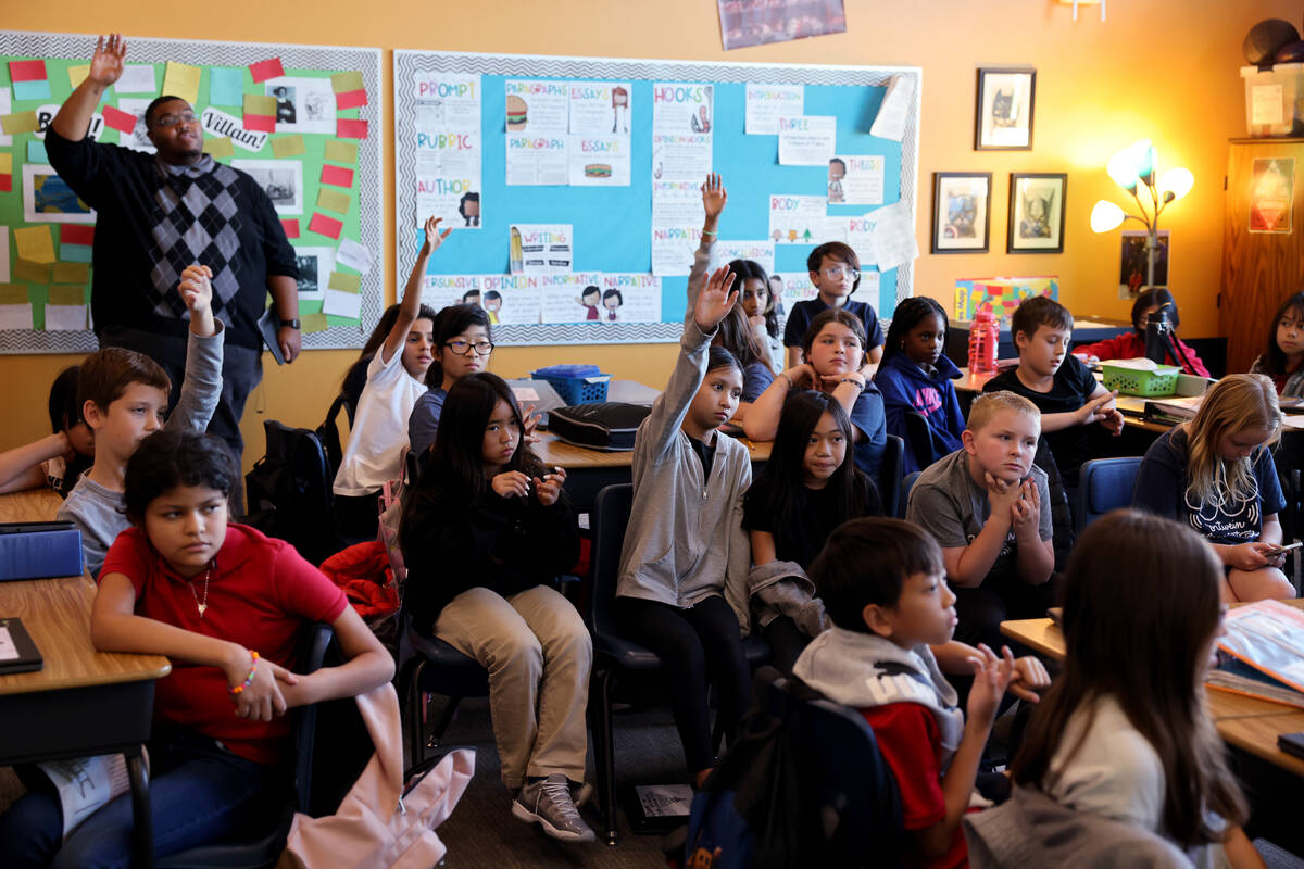 Ortwein Elementary fifth graders ask questions during a student’s monthly independence p ...
