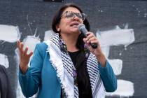 FILE - Rep. Rashida Tlaib, D-Mich., speaks during a rally at the National Mall during a pro-Pal ...