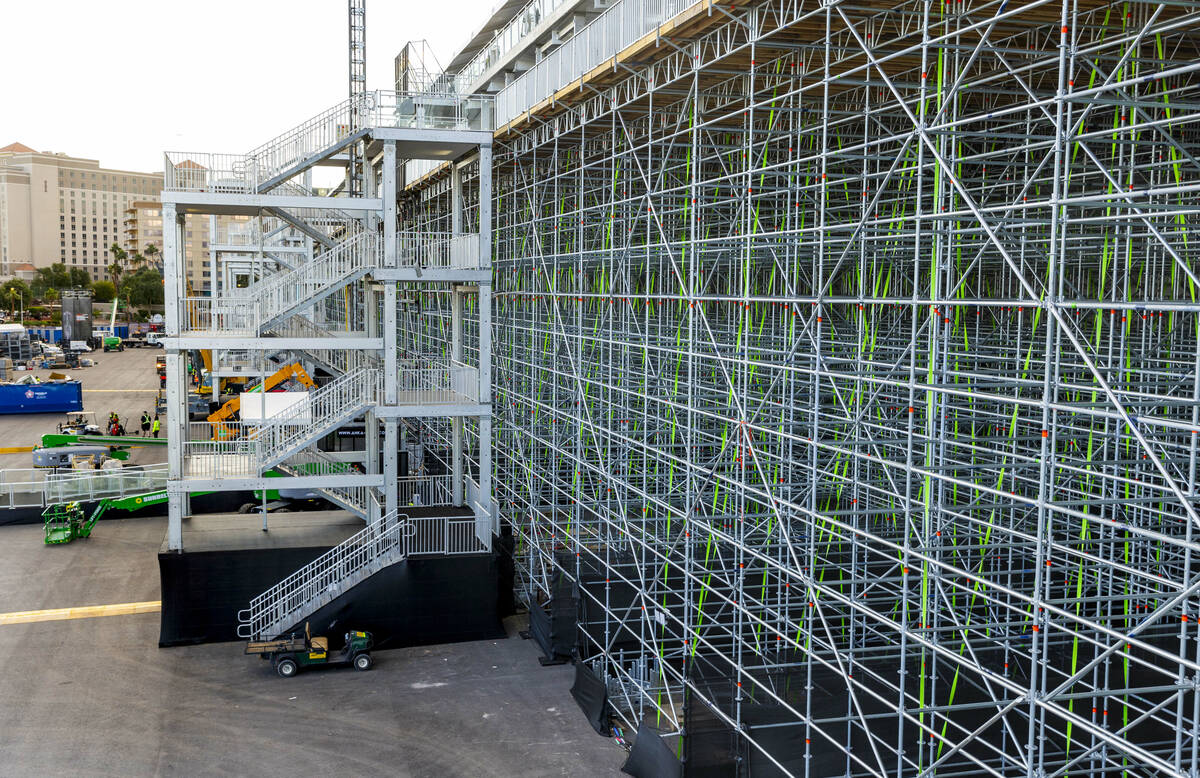 Stairs lead to the Sky Box adjacent to the Formula One Las Vegas Grand Prix pit building as con ...