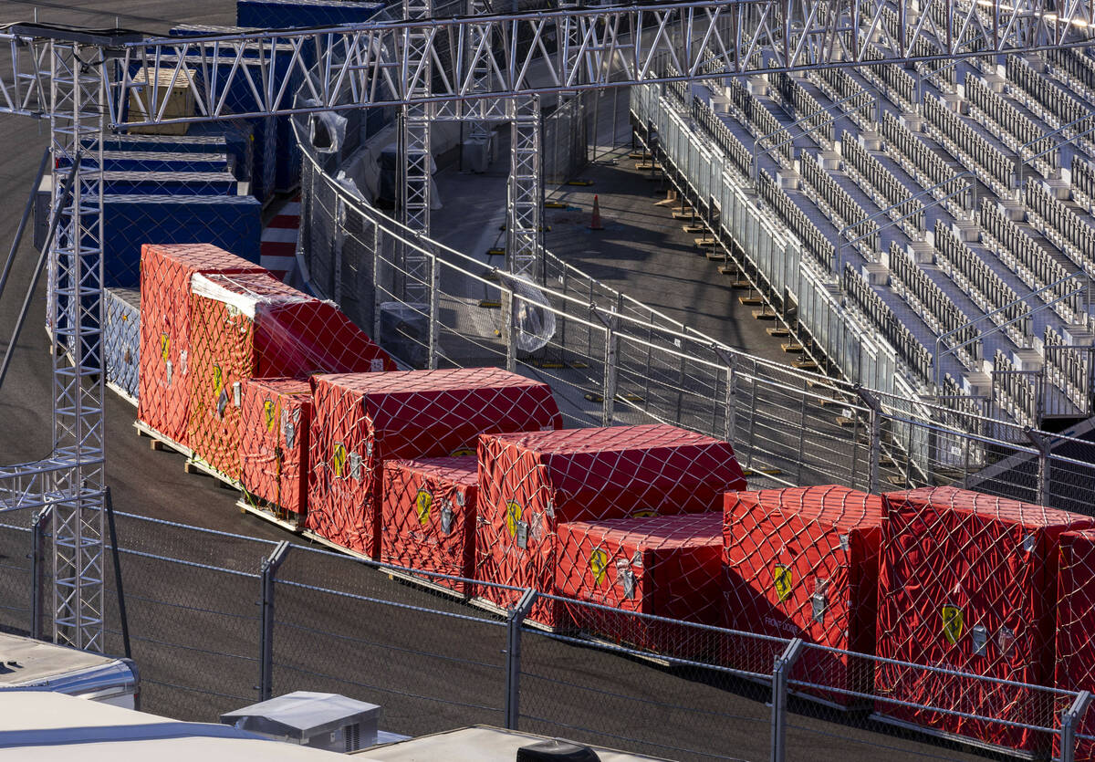 Boxes of equipment for team Ferrari await the crew outside the Formula One Las Vegas Grand Prix ...
