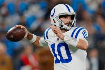 Indianapolis Colts quarterback Gardner Minshew passes against the Carolina Panthers during the ...