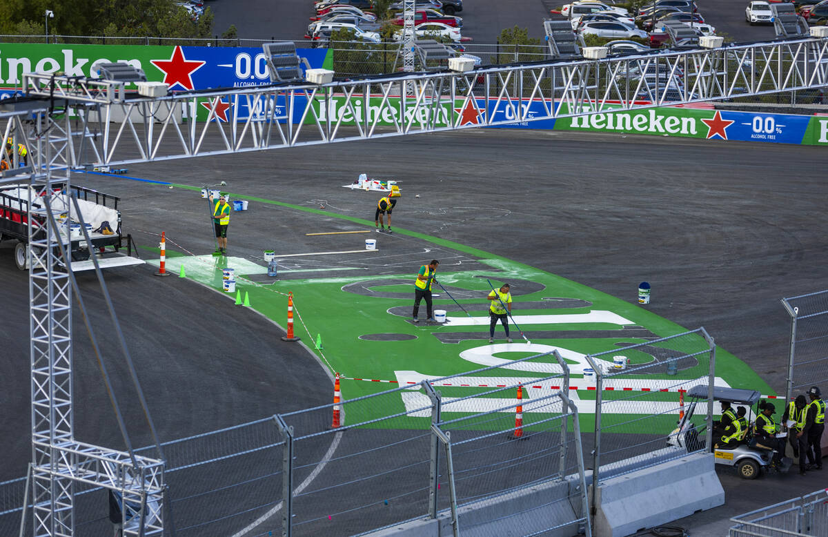 Turn One is painted on the track below the Sky Box adjacent to the Formula One Las Vegas Grand ...