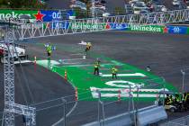 Turn One is painted on the track below the Sky Box adjacent to the Formula One Las Vegas Grand ...