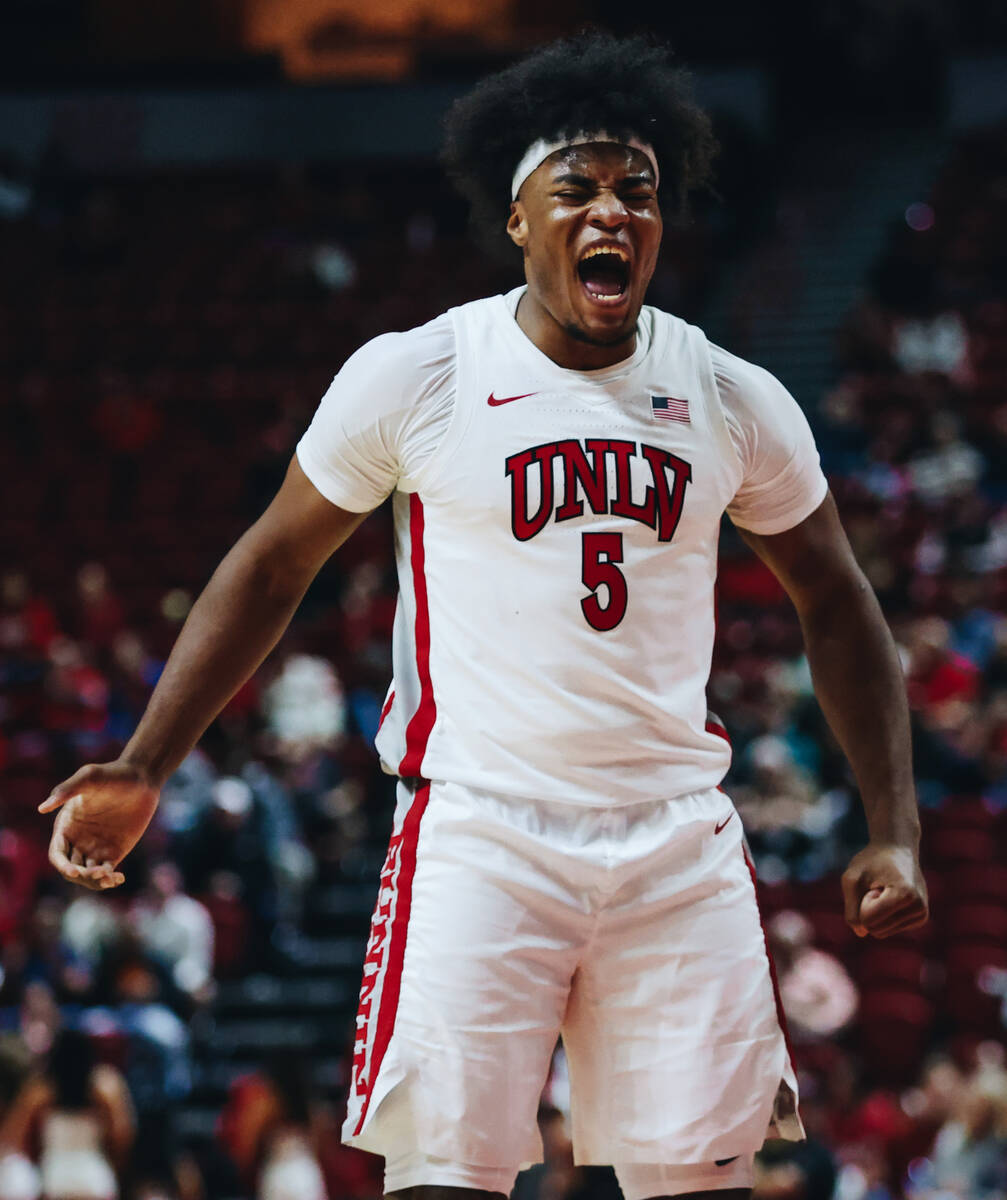 UNLV forward Rob Whaley Jr. (5) reacts to a Southern player fouling against him during a game a ...