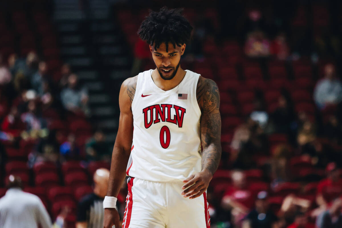 UNLV forward Isaiah Cottrell (0) reacts to UNLV falling behind to Southern during a game at Tho ...