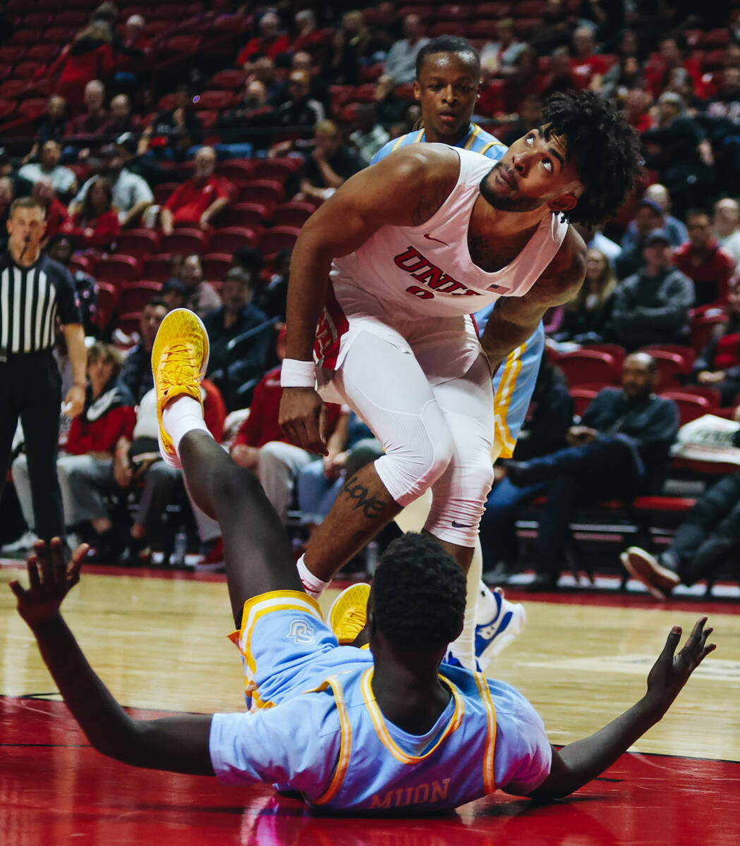 UNLV forward Isaiah Cottrell (0) watches the ball go into the hoop during a game against Southe ...