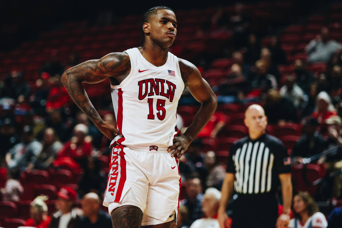 UNLV guard Luis Rodriguez (15) reacts as UNLV loses 85-71 to Southern during a game at Thomas & ...