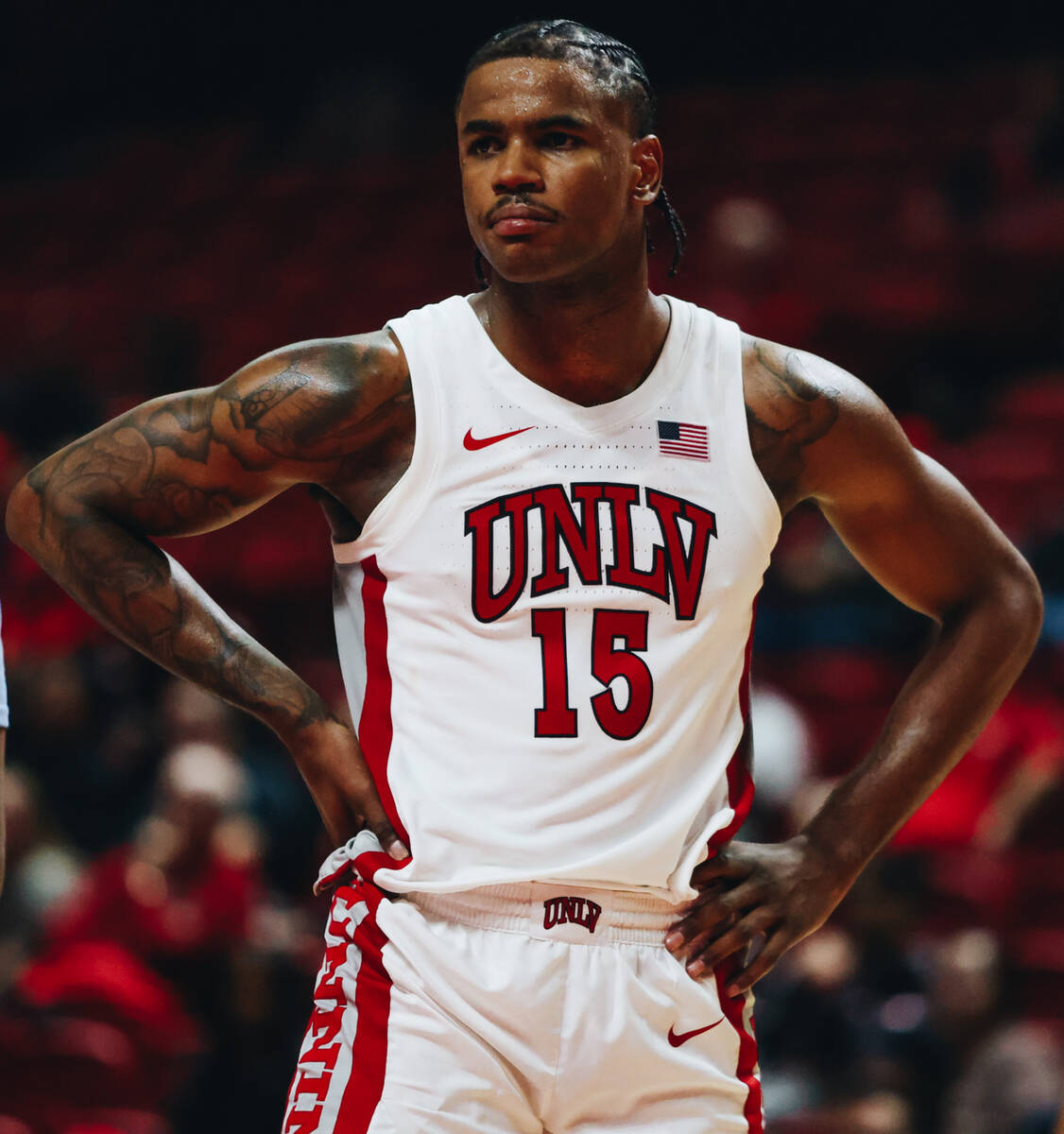 UNLV guard Luis Rodriguez (15) reacts as UNLV loses 85-71 to Southern during a game at Thomas & ...