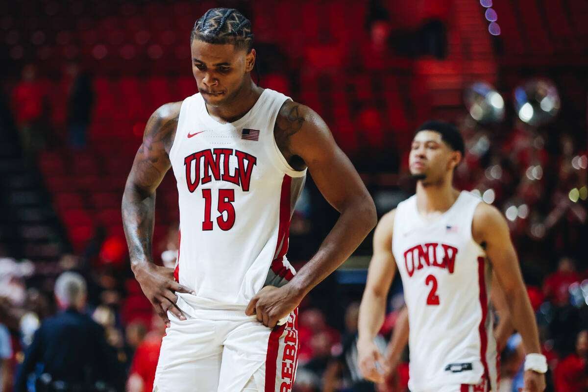 UNLV guard Luis Rodriguez (15) reacts as UNLV loses 85-71 to Southern during a game at Thomas & ...