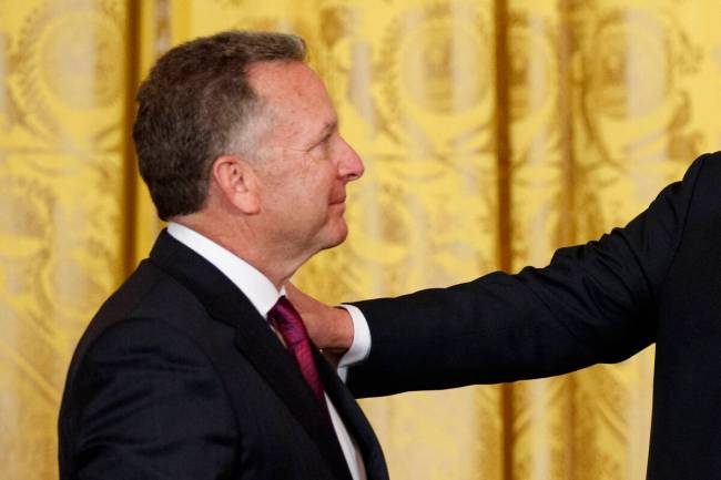 Businessman Steve Witkoff, who lost his son Andrew to a prescription drug overdose, greets Pres ...