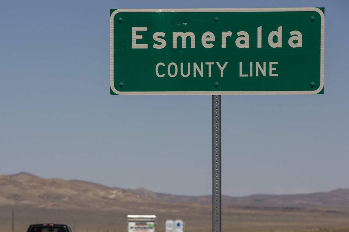 Vehicles make their way north on I-95 across the Esmeralda County line in 2020 north of Beatty. ...