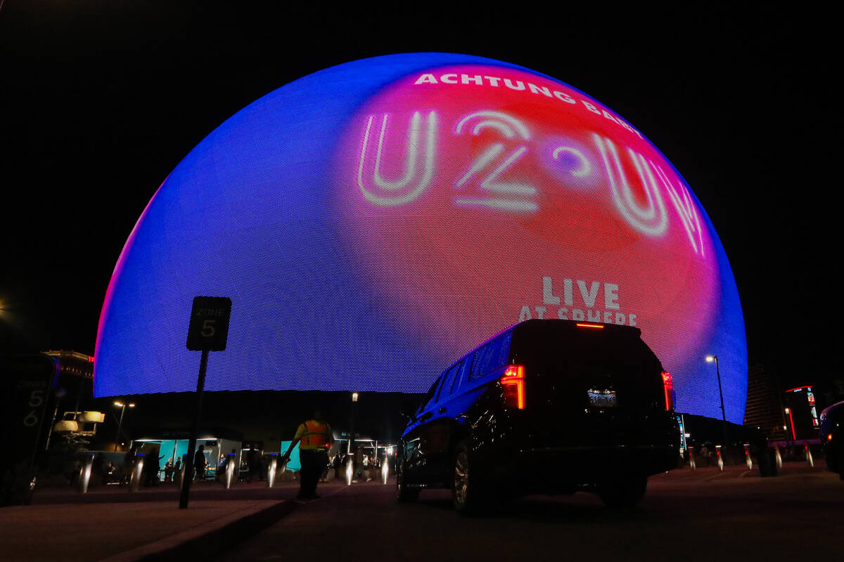 Excited fans wait outside of the Sphere on the night of its inaugural performance featuring U2 ...