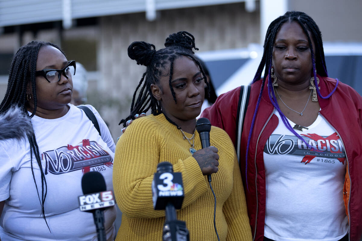 Kristal McClodden, mother of Davine McClodden, center, speaks during a news conference outside ...